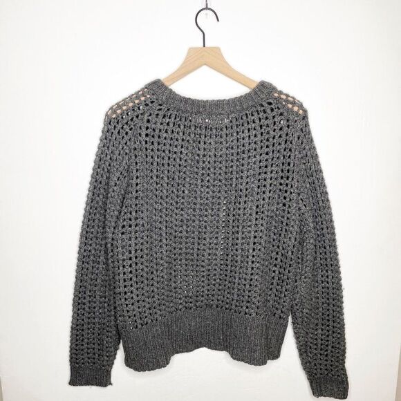 Flannel Chunky Open Crochet Knit Wool Blend Crew Neck Pullover Sweater Gray M - Picture 4 of 6